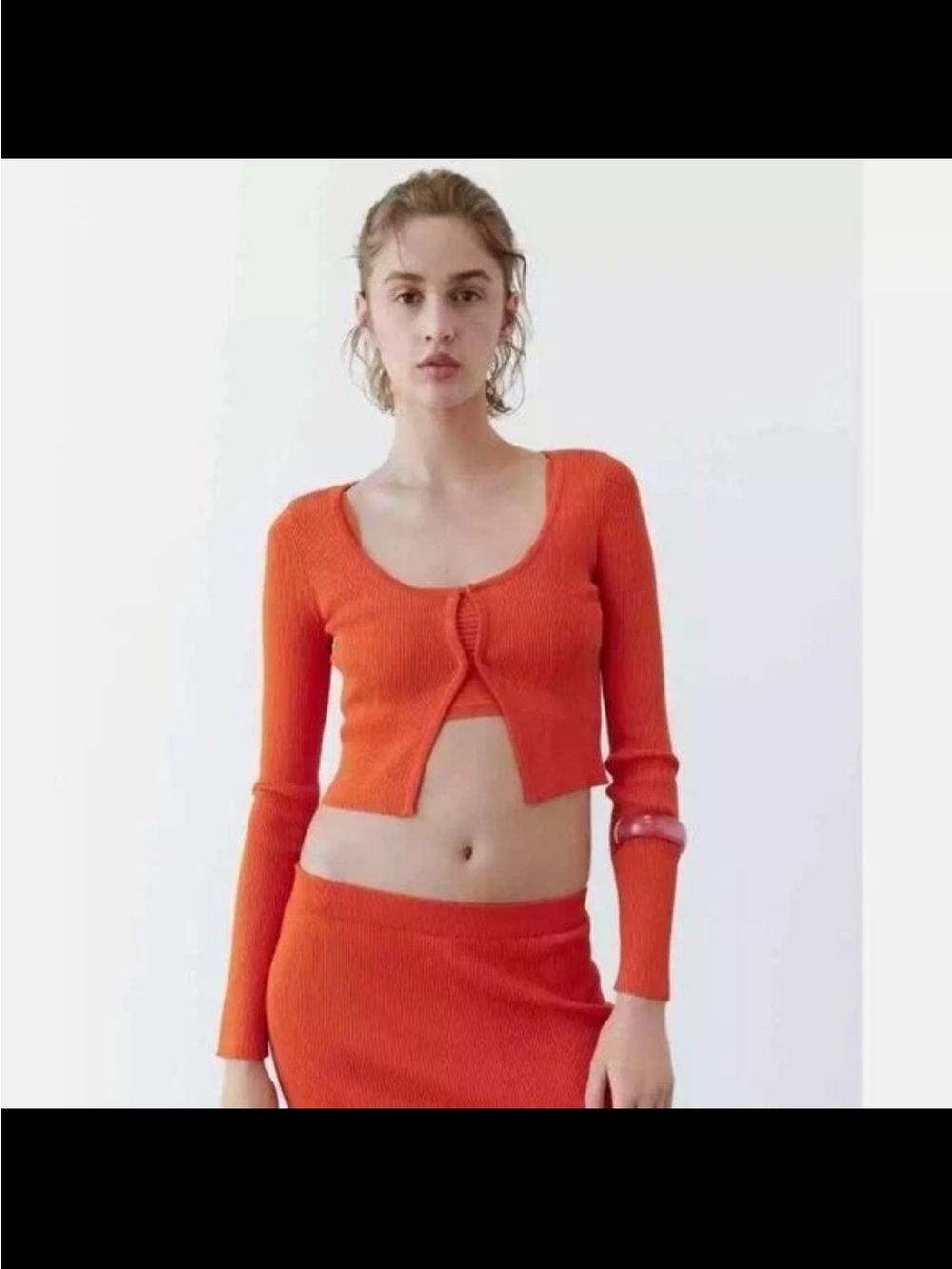 Zara Orange Ribbed Long-Sleeve Scoop Crop Top